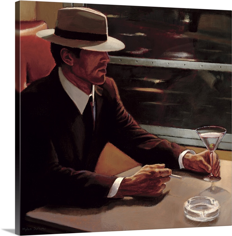 Contemporary artwork of a man as he sits in a booth drinking a martini and smoking a cigarette.