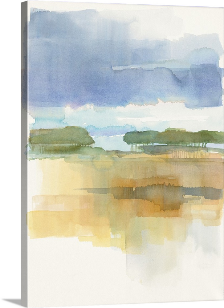 Watercolor painting of a simple landscape in soft blue twilight.