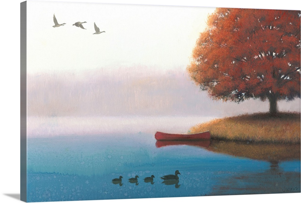 Contemporary painting of a calm lake in the morning with ducks.