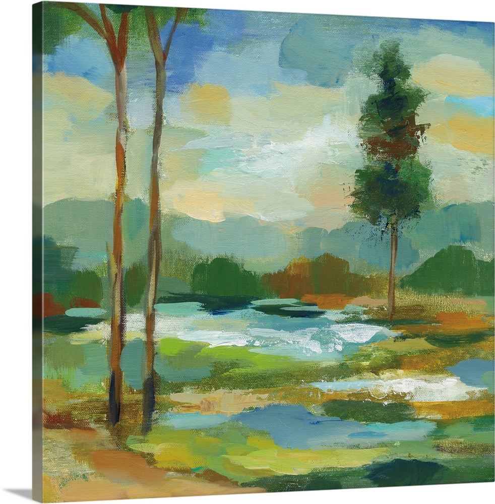 Square abstract painting of a landscape with a river and tall trees, created with short, horizontal brushstrokes.