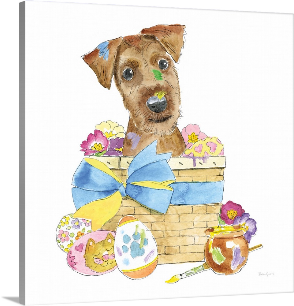 Easter themed watercolor illustration of a Scottish Terrier inside of a woven basket filled with flowers and surrounded by...