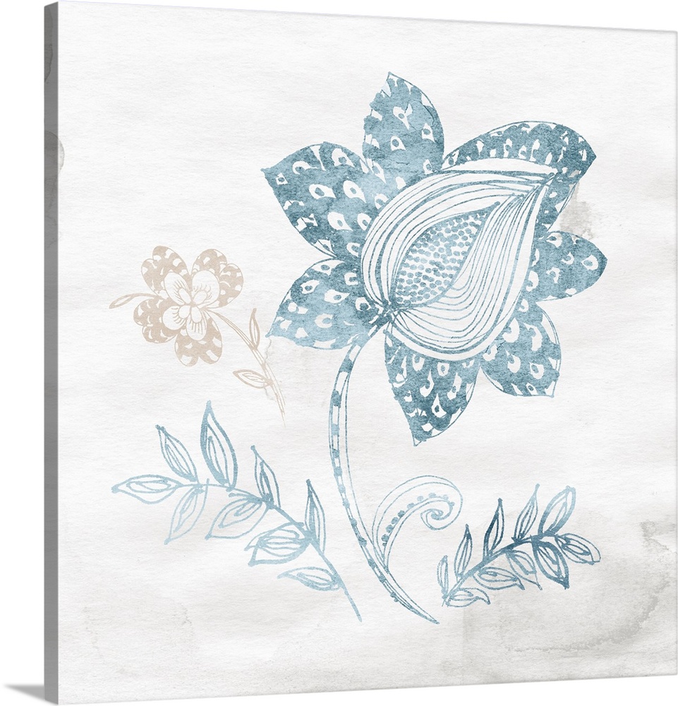 Decorative artwork of a bohemian inspired floral designs over a watercolor paper background.