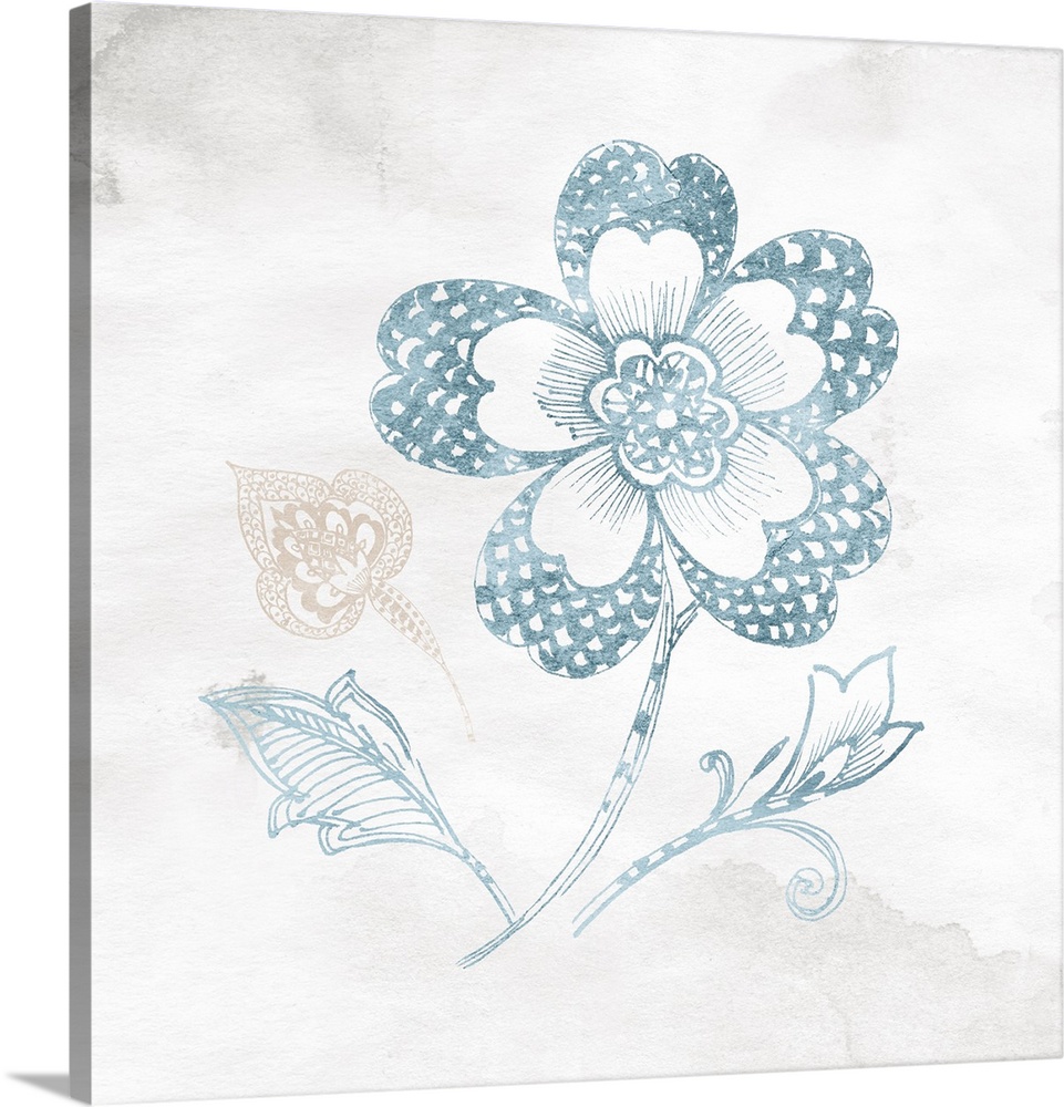 Decorative artwork of a bohemian inspired floral designs over a watercolor paper background.