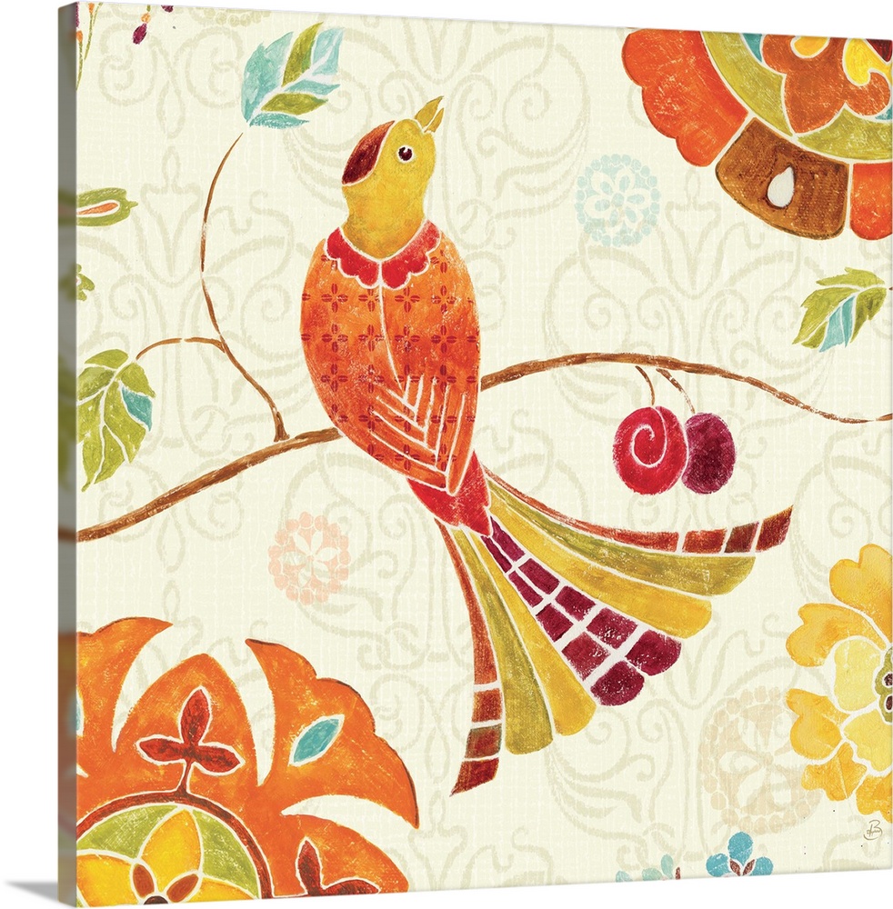 Contemporary artwork of a brightly colored bird, surrounded by colorful floral patterns.