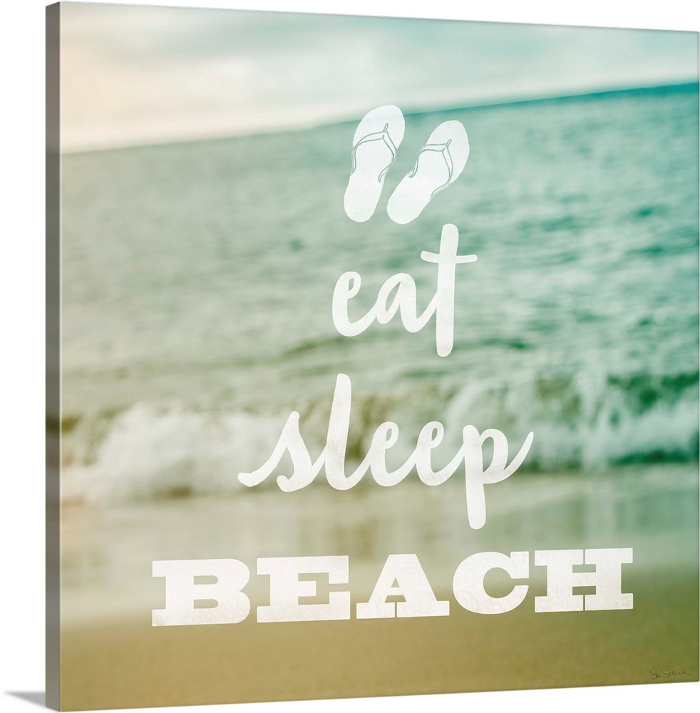 "Eat Sleep Beach" in white text over a pastel image of the beach.