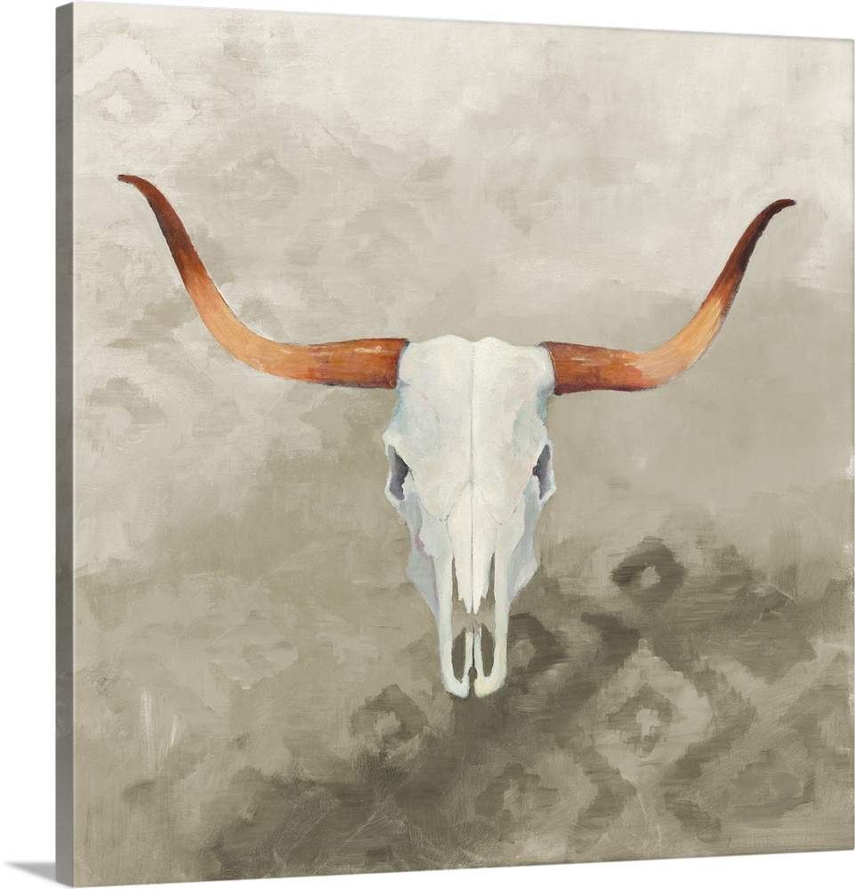 Contemporary painting of a bull skull against a gray faded patterned background.