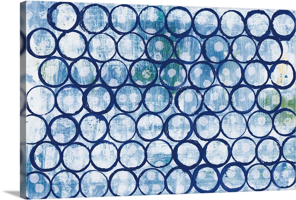 Large abstract painting of indigo outlines of circles on a blue, green, and white background with smaller, solid, white ci...