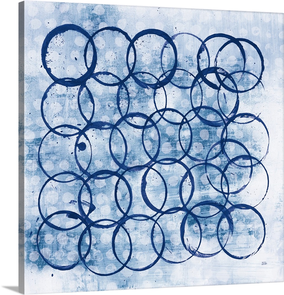 Square abstract painting with indigo outlines of circles overlapping in the foreground and smaller, solid, white circles i...