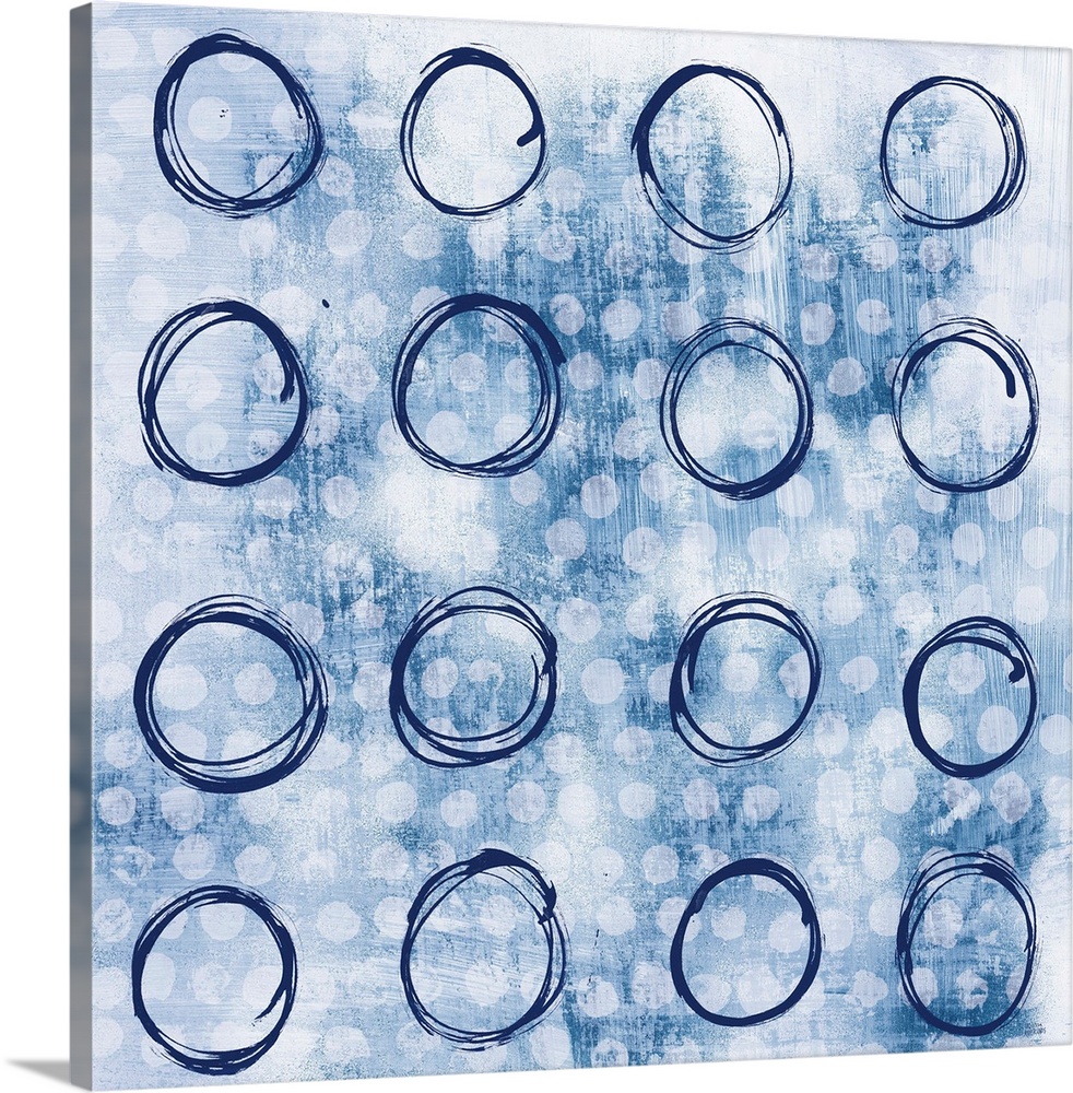 Square abstract painting with indigo outlines of circles in rows in the foreground and smaller, solid, white circles in th...