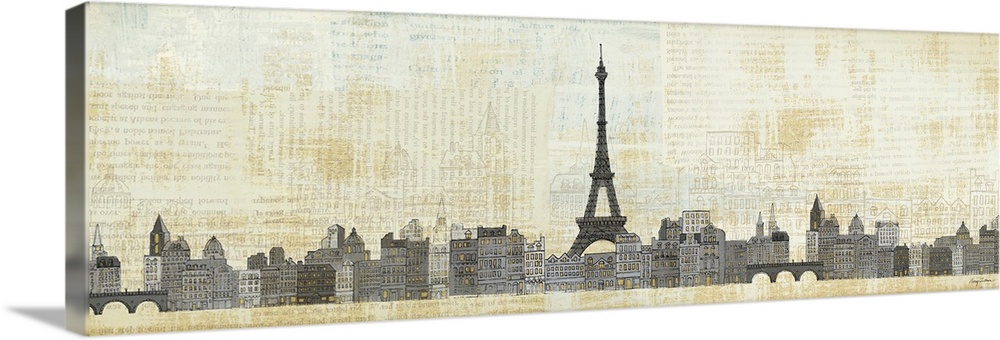 Landscape, giant artwork of illustrations of the city of Paris, the Eiffel Tower in the center, on an antiqued background ...