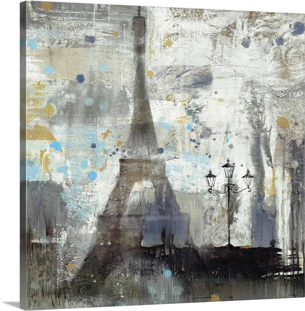 Painting of the Eiffel Tower with abstract brushstrokes, in muted grey and blue colors.