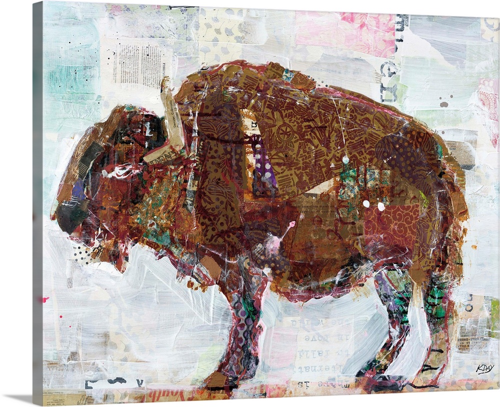 Large abstract art of a buffalo created with mixed media.
