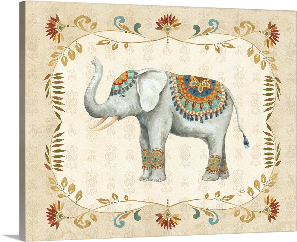 Boho style painting of an elephant  with a floral design on a neutral colored background.