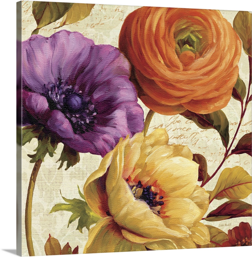 Square home art docor on a large canvas of several vibrant flowers surrounded by leaves, on a light, decorative background...