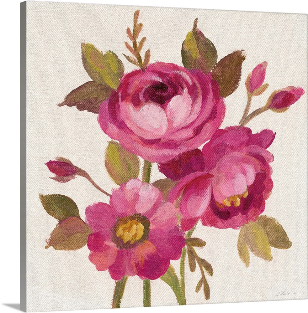 Contemporary square painting of pink flowers and buds.
