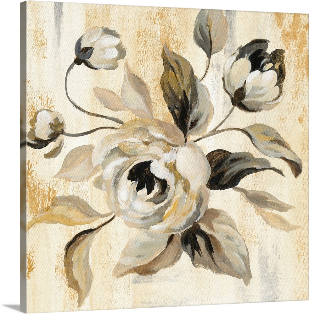 Square painting of white English Roses on a beige and brown background with metallic gold markings.
