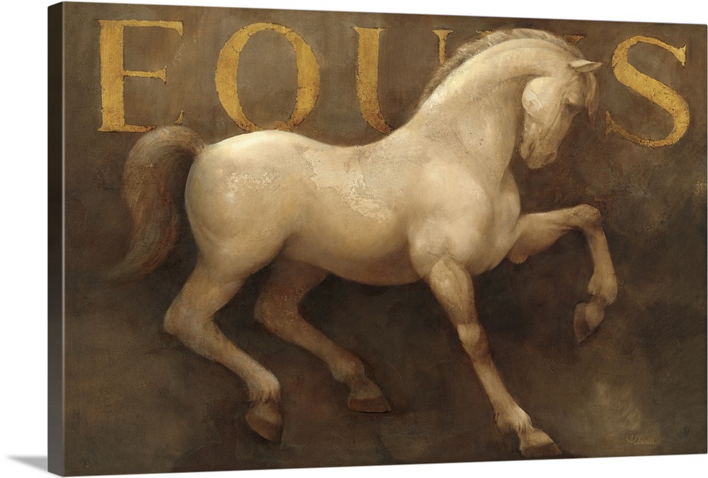 Horizontal, large home art docor of a white stallion with one hoof raised, standing against a neutral background.  The Lat...