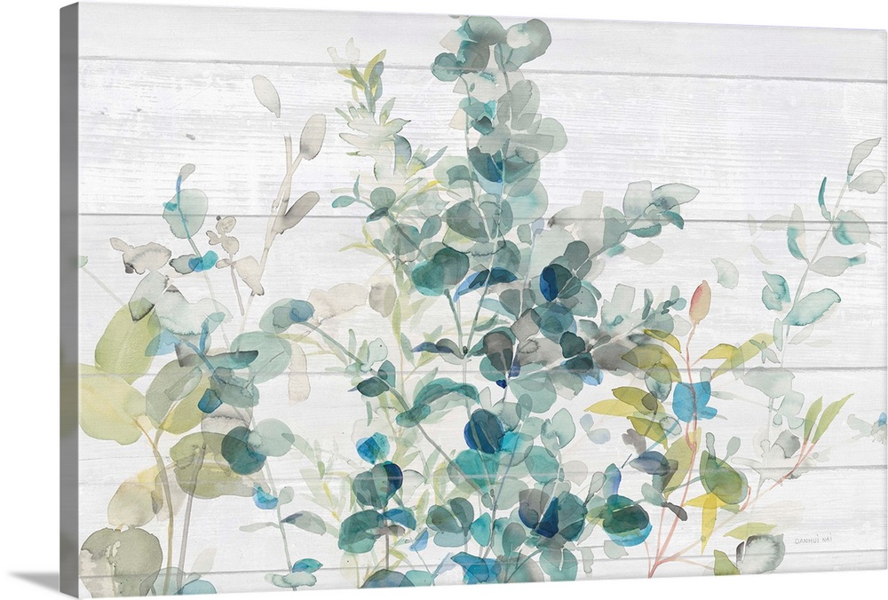 Decorative artwork featuring watercolor eucalyptus over shiplap.