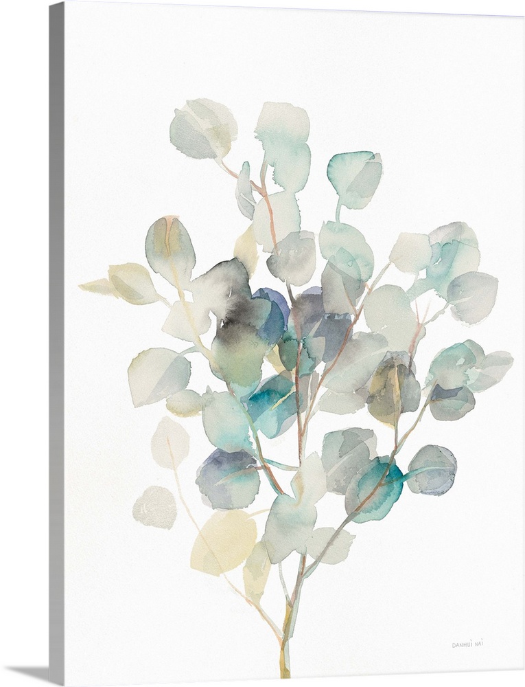 Vertical watercolor painting of blue, green, gray, and yellow toned eucalyptus leaves on a white background.