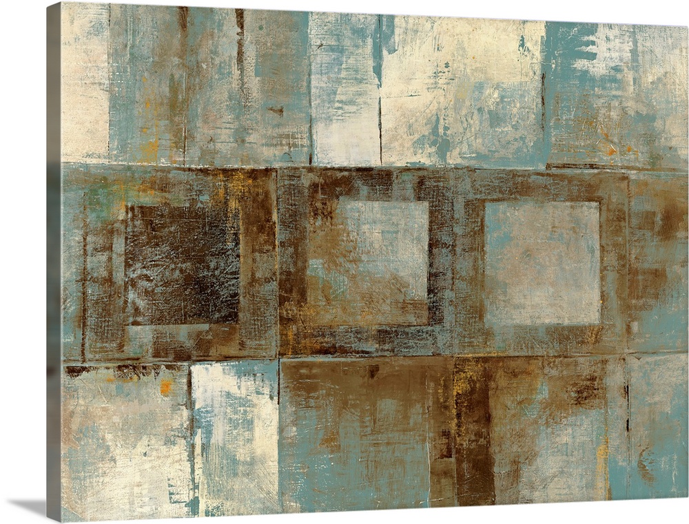 Contemporary abstract painting of various grungy textured squares on a big canvas.