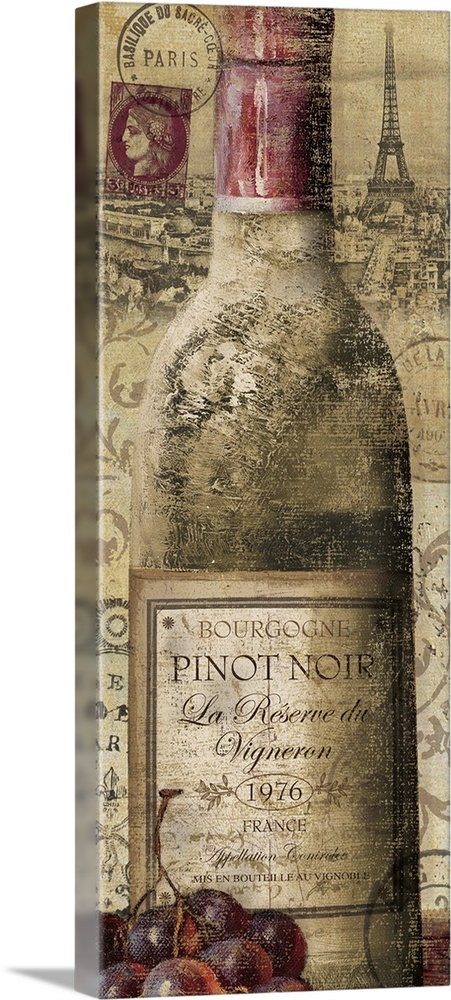 A bottle of pinot noir is drawn with the city of Paris behind it and grapes that sit at the bottom left hand corner.