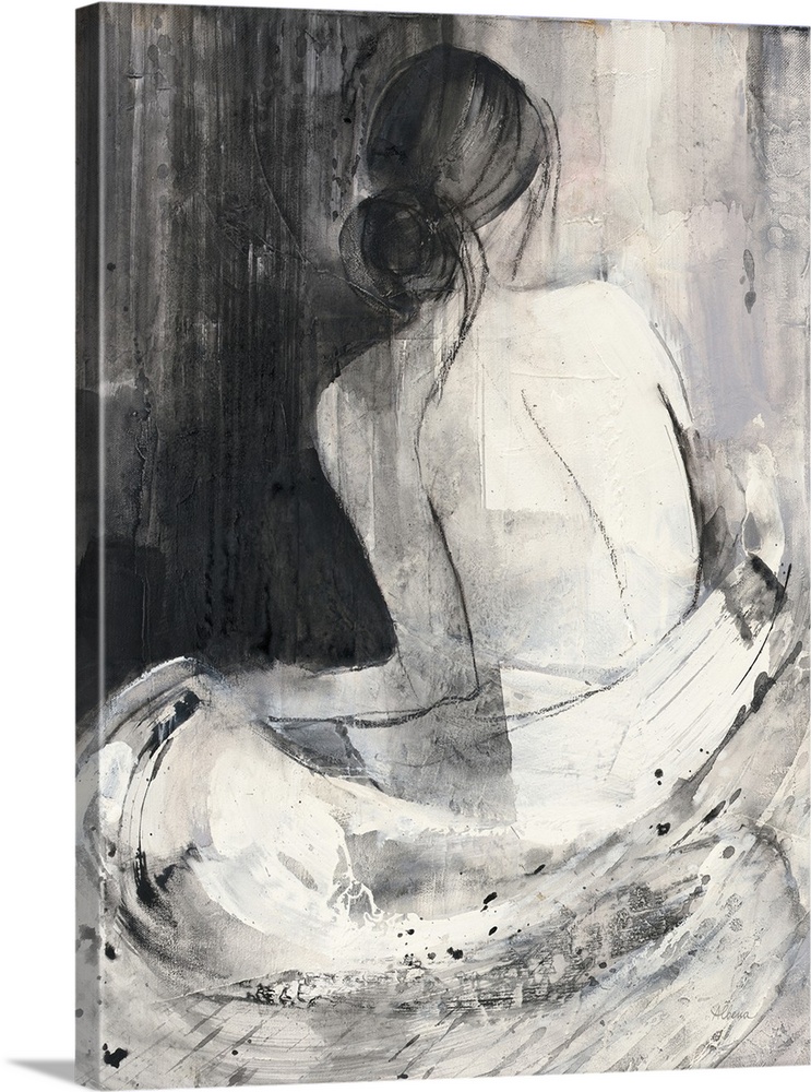 A painting of the back of a nude woman wrapped in a white cloth done in black and white.