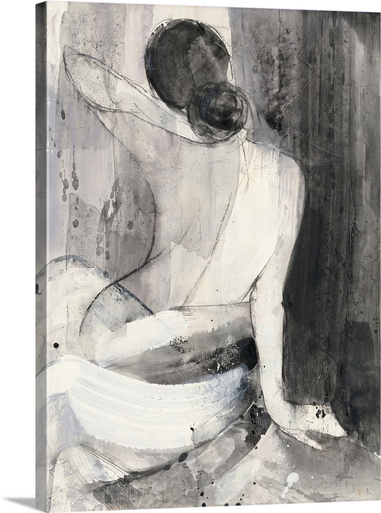 A painting of the back of a nude woman wrapped in a white cloth done in black and white.
