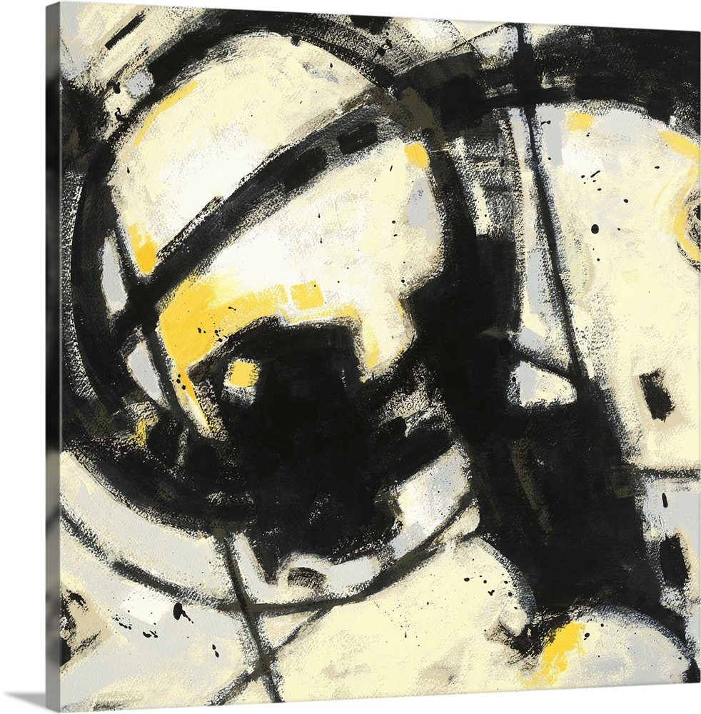 Contemporary abstract painting using bold black lines and splashes of bright yellow.