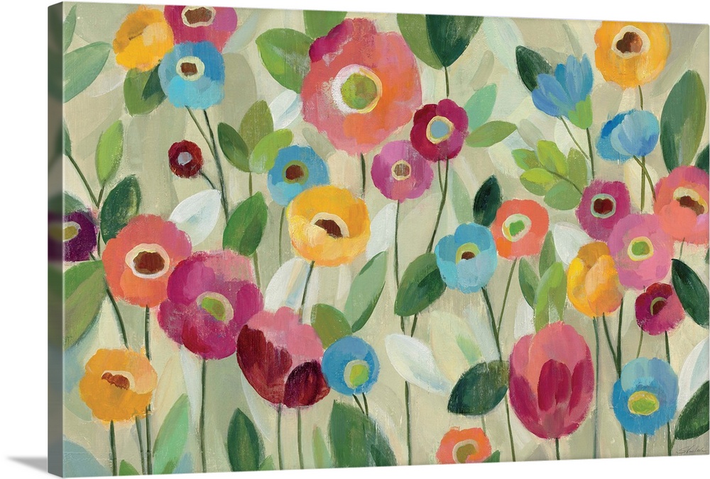 Contemporary painting of brightly colored flowers in a garden.