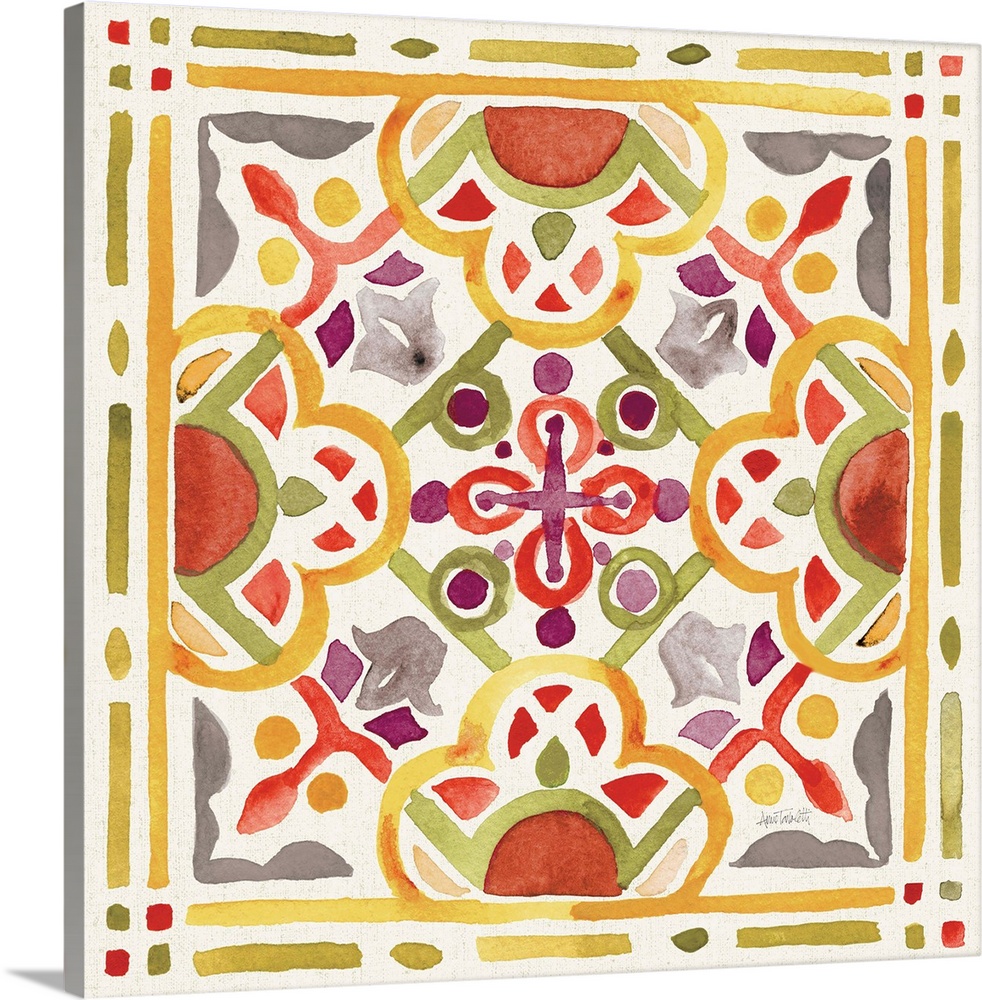 Watercolor painting of a decorative tile design.