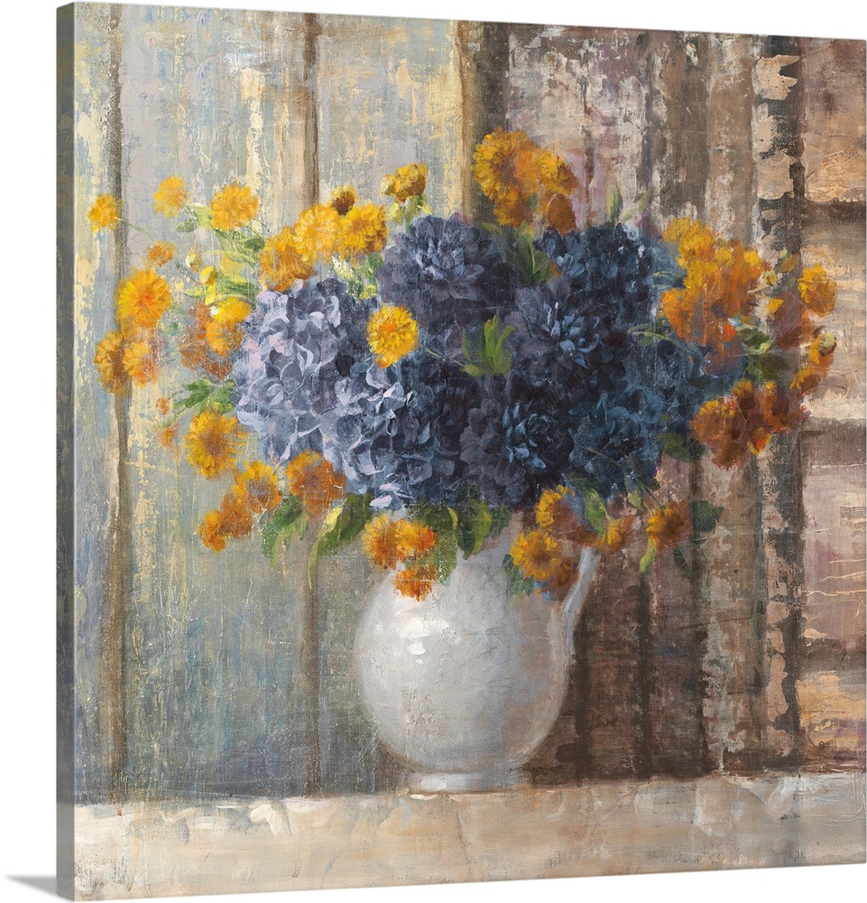 A traditional contemporary painting of a white porcelain vase full of orange and blue flowers against a rustic wood backdrop.
