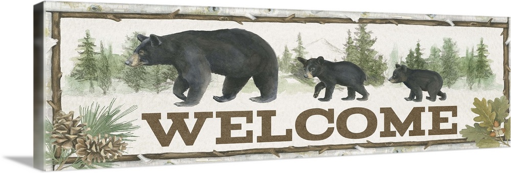 A welcome sign featuring a mother black bear and two cubs.