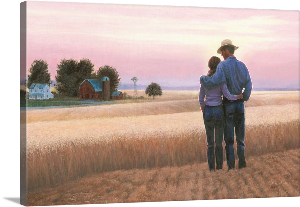 Contemporary painting of a couple standing in a wheat field looking towards the barn  with a pink and purple sunset in the...