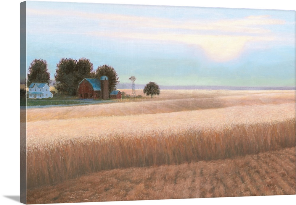 Contemporary artwork of a crop field with a farmhouse and barn in the background.