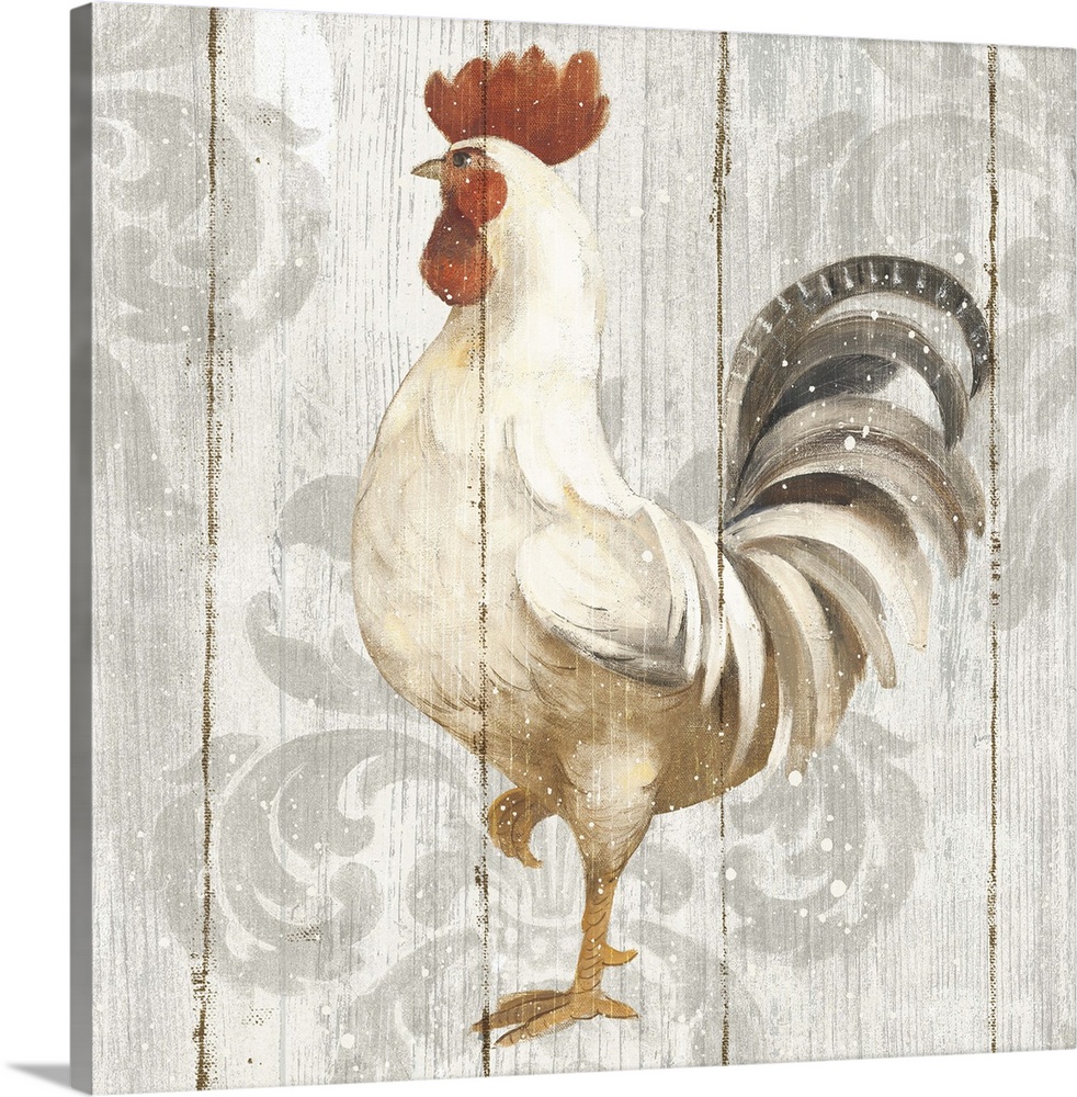 Folk art style decor artwork of a rooster against a decorative flower background.