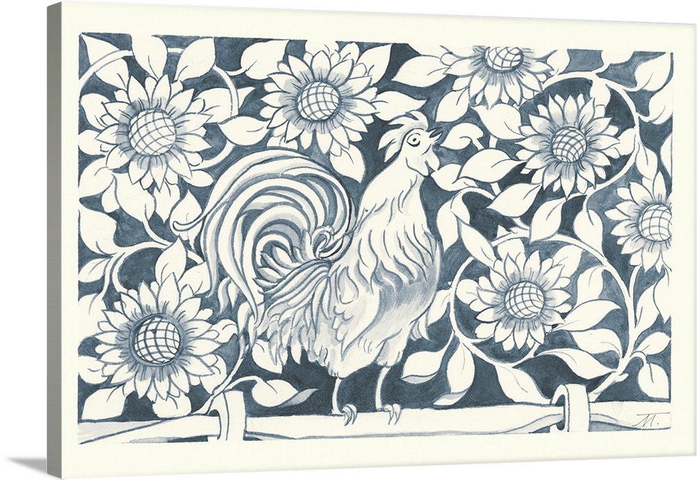 Floral indigo and white watercolor painting with a rooster crowing on a fence post.