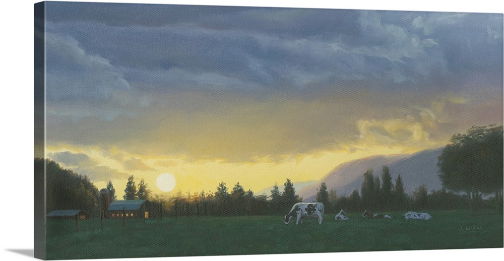 Large contemporary painting of cows grazing in a field at dusk with a lit up barn in the background.