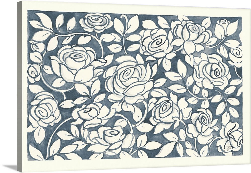 Floral indigo and white watercolor painting with roses and a white border.