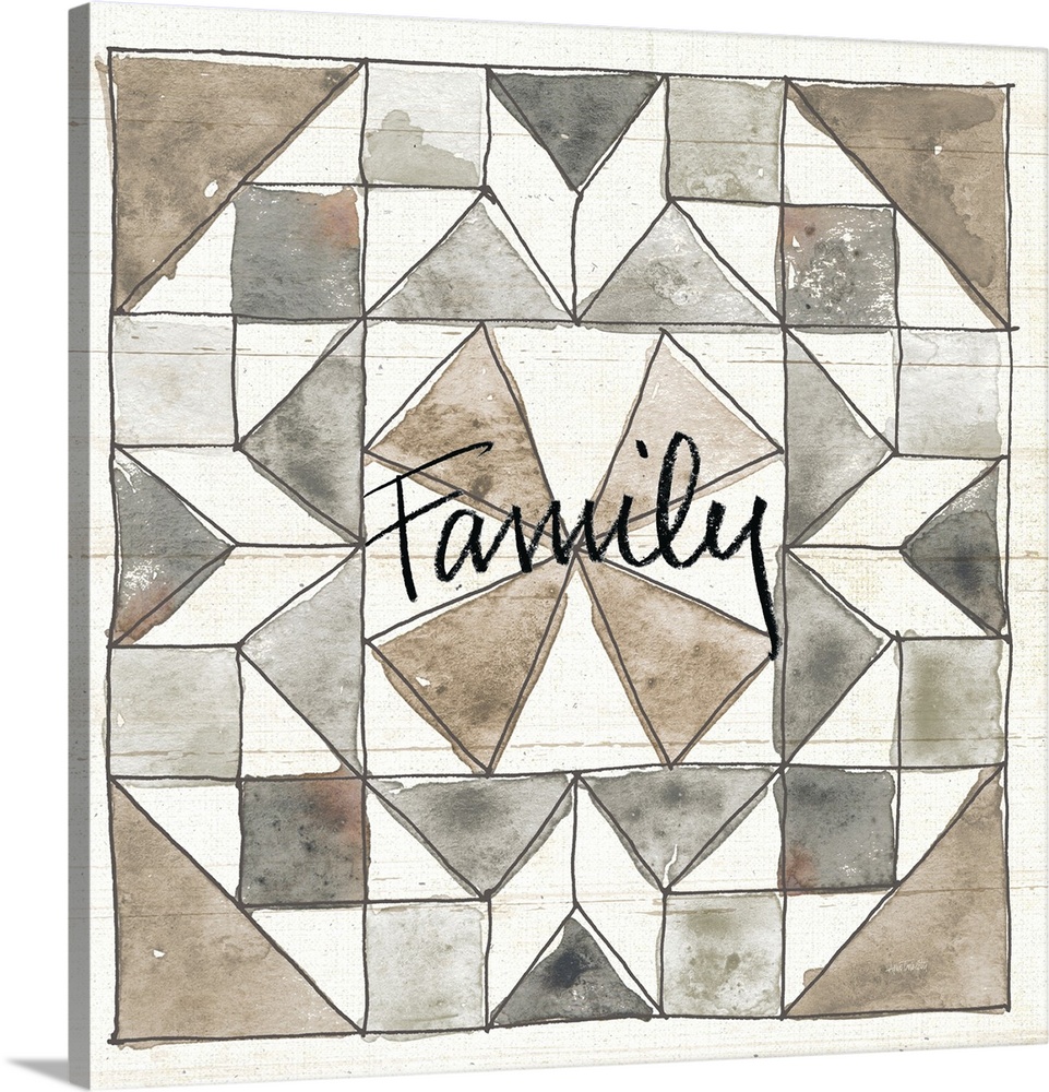 "Family" with a watercolor quilt box design in neutral colors on a wood panel backdrop.