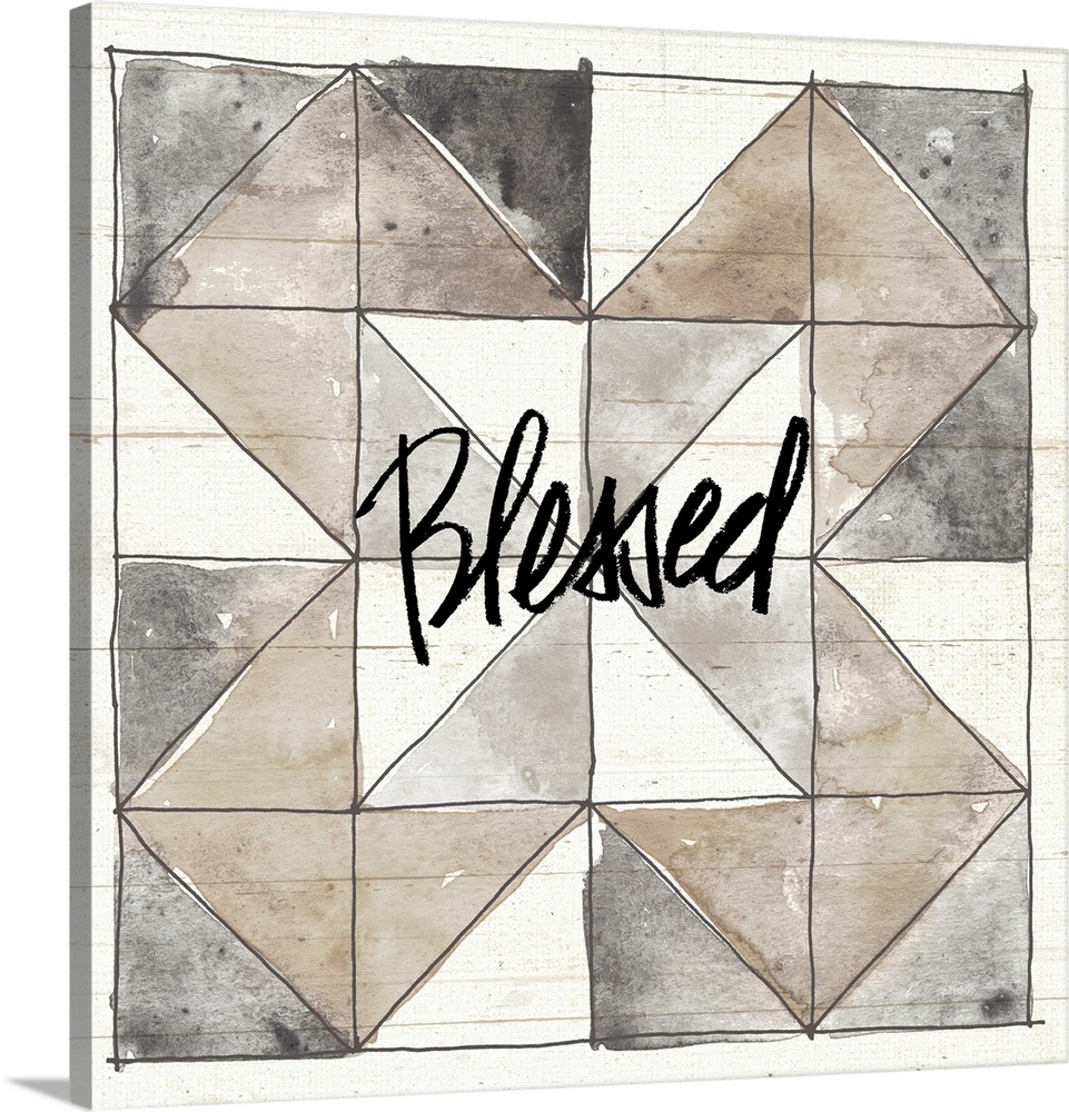 "Blessed" with a watercolor quilt box design in neutral colors on a wood panel backdrop.