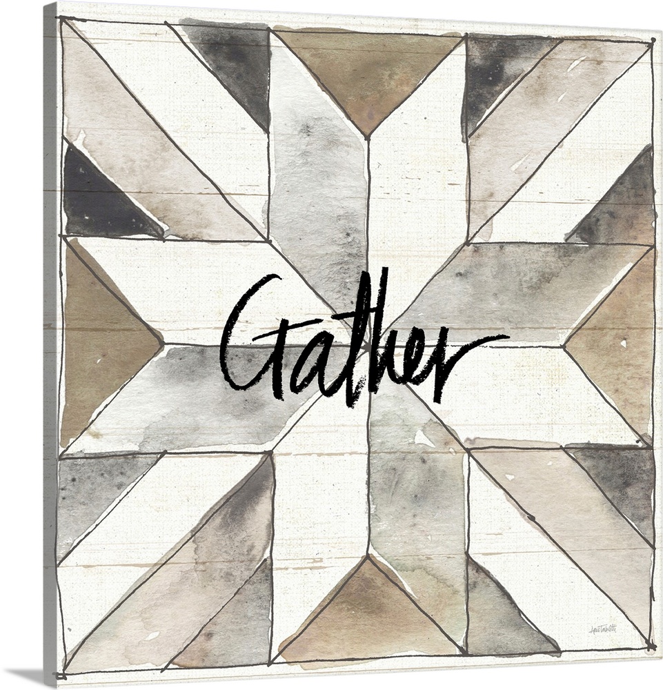 "Gather" with a watercolor quilt box design in neutral colors on a wood panel backdrop.