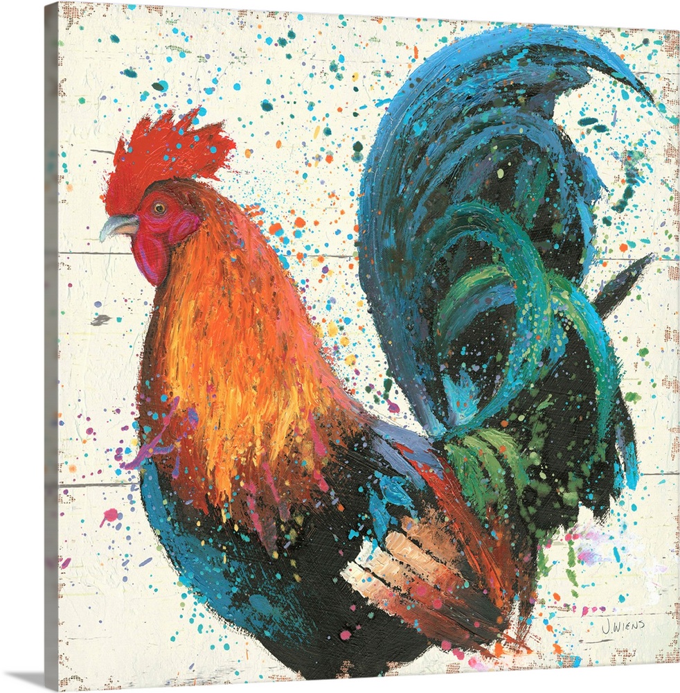 Contemporary painting of a colorful rooster embellished with paint splatters.