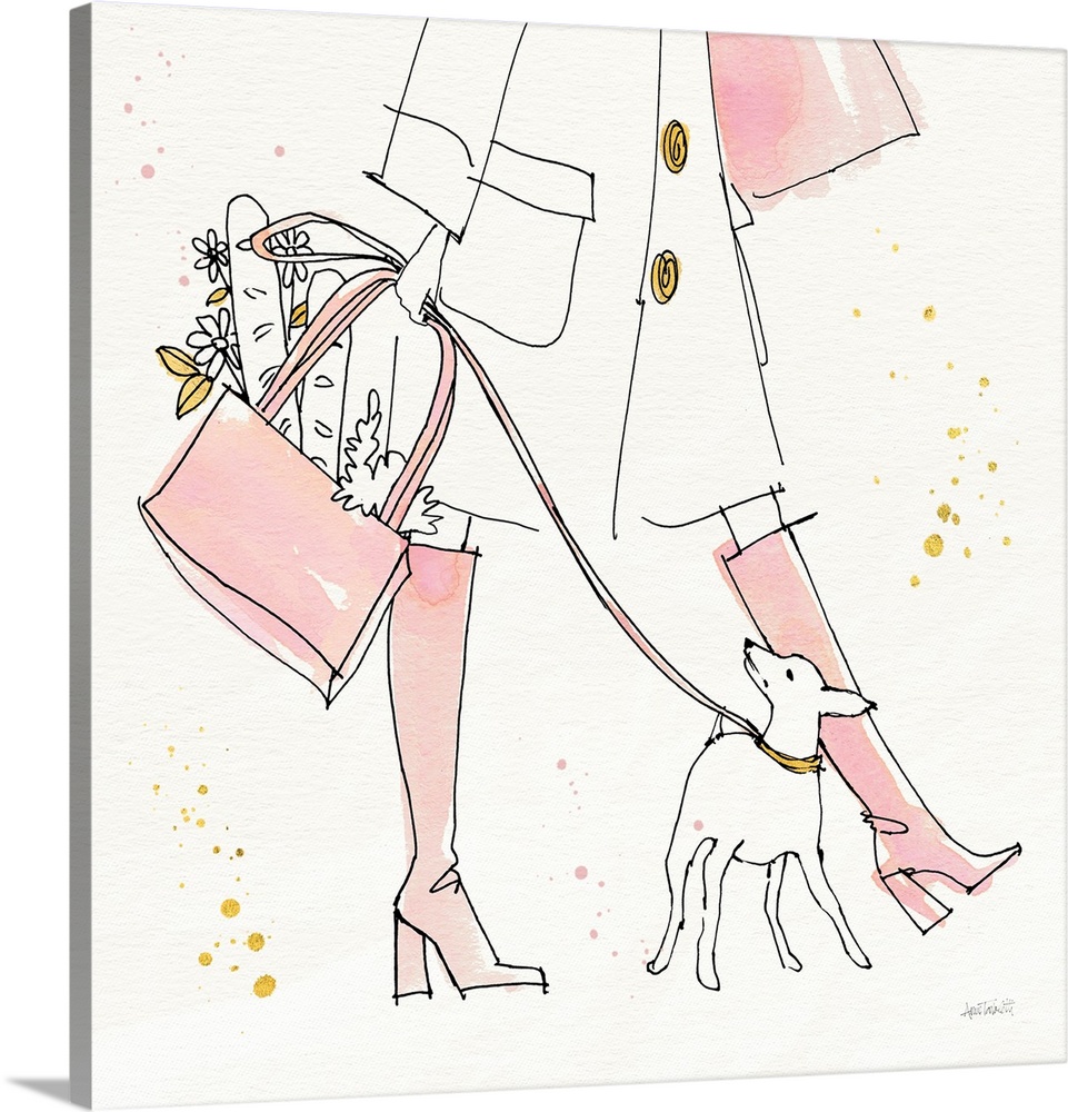 Decorative artwork of a woman in long pink boots holding groceries and walking her dog.