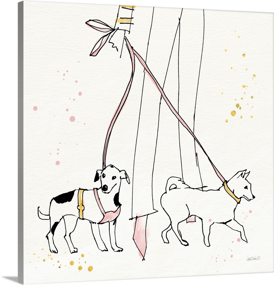 Decorative artwork of a woman walking two small dogs in pink. gold, and white.