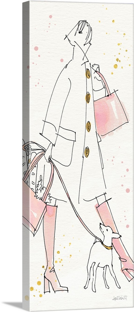 Watercolor painting of a stylish woman alongside a dog with pink and gold accents.