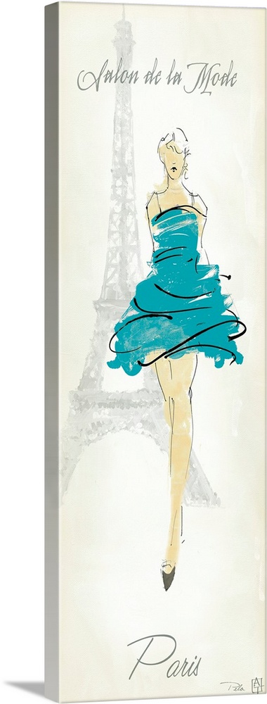A vertical piece of artwork with a fashionable woman walking forward and the Eiffel tower drawn in the background.