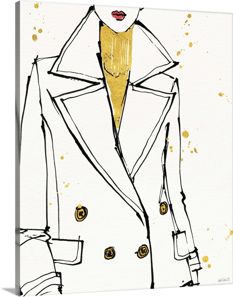 Black and white fashion sketch of woman wearing a peacoat and a metallic gold turtleneck.