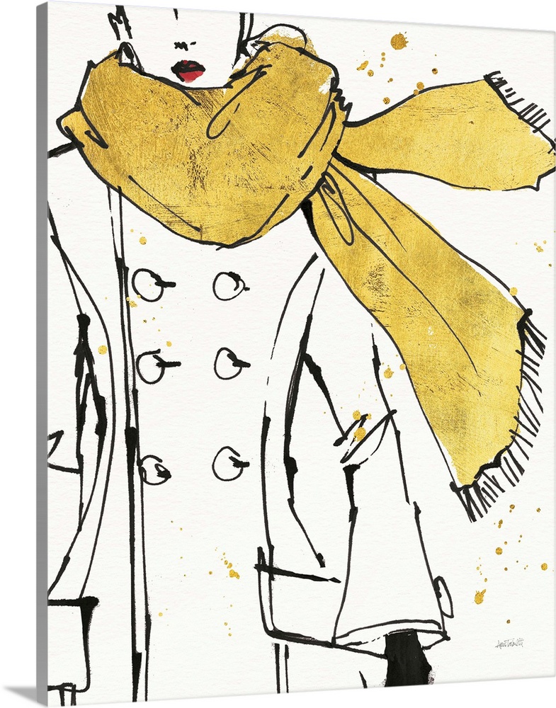 Black and white fashion sketch of a woman wearing a coat and a metallic gold scarf.