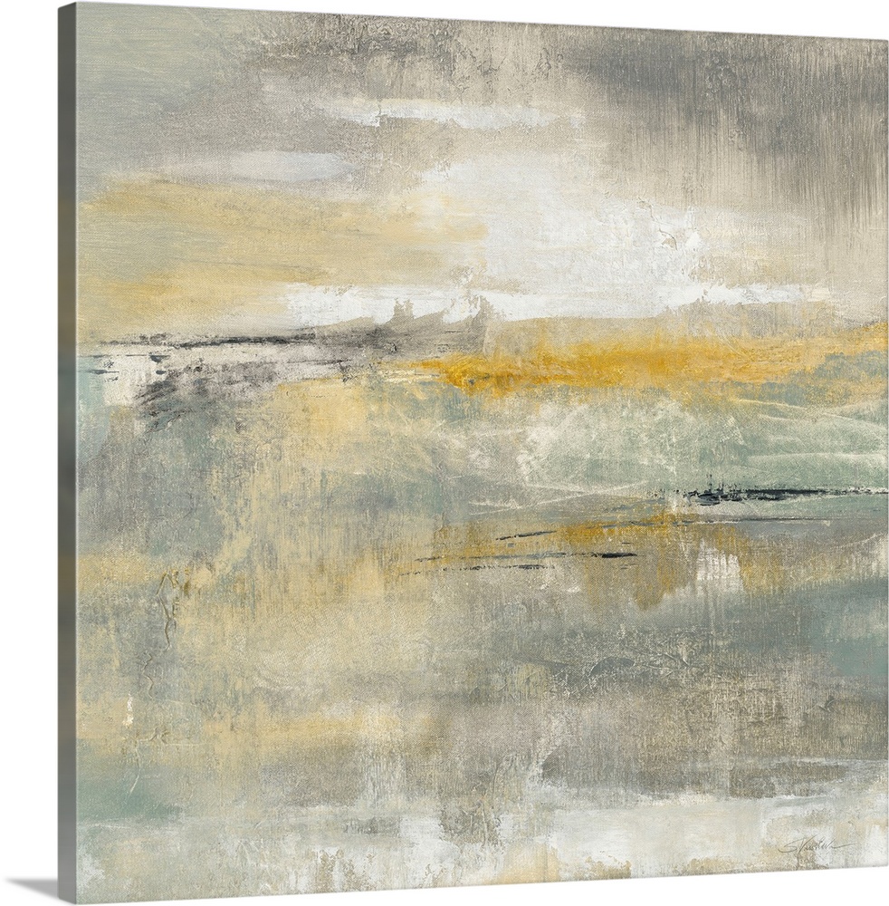 Square abstract painting with muted grey, green, and tan hues and pops of gold and black on top.