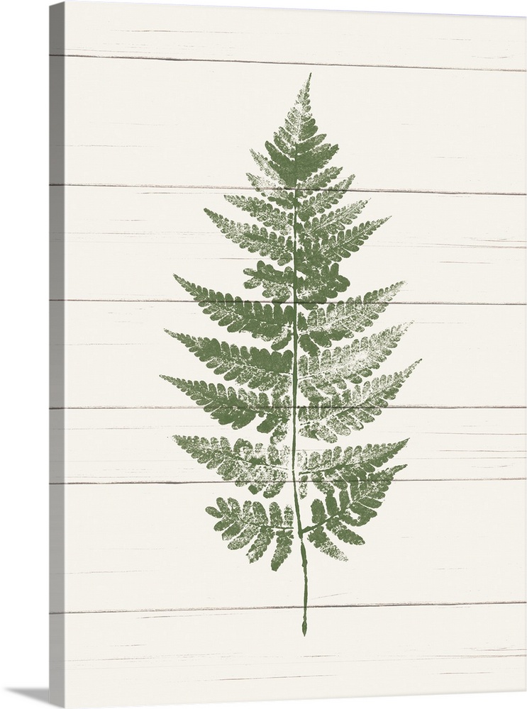 Decorative artwork featuring stamped green fern against a faux wood background.